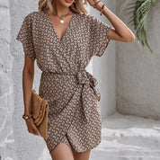 V-Neck Wrap Waist Dress – Patterned