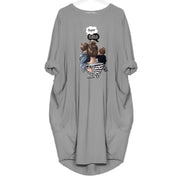 Loose Long-Sleeve Pocket Dress with Cat Print