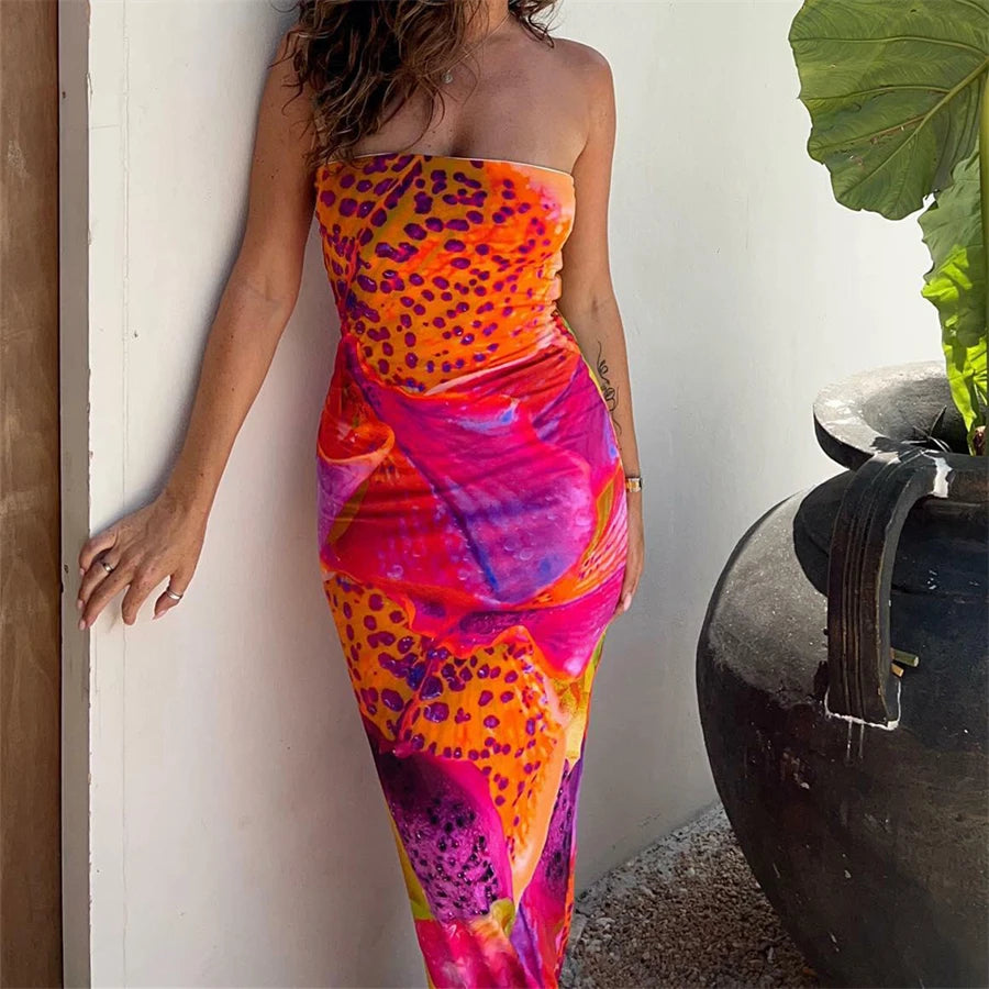 Leopard Print Strapless Maxi Dress – Multicolour