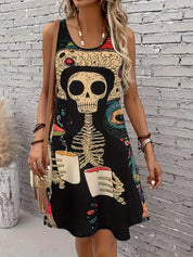 Sleeveless A-Line Midi Dress with Skeleton Print