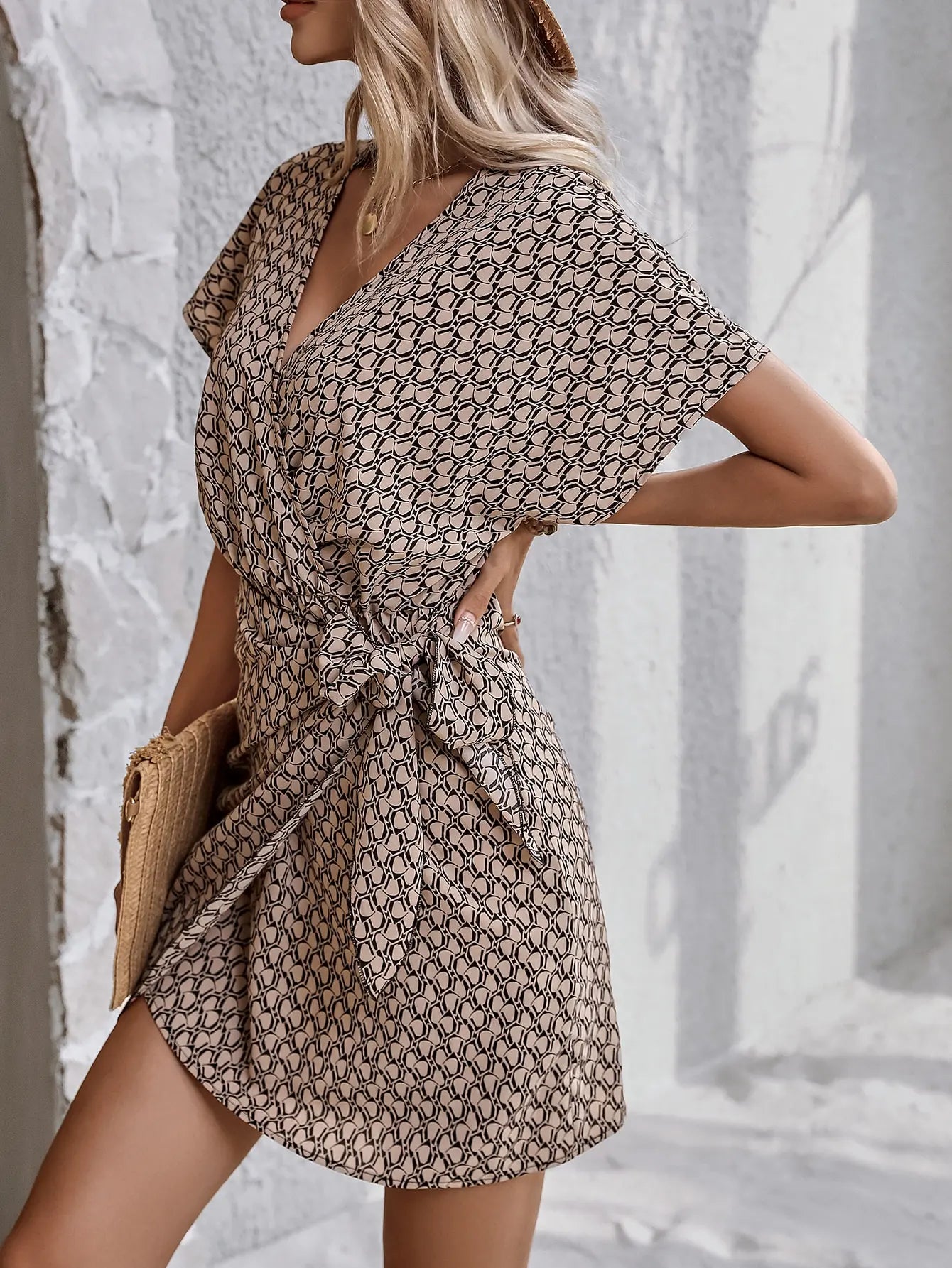 V-Neck Wrap Waist Dress – Patterned