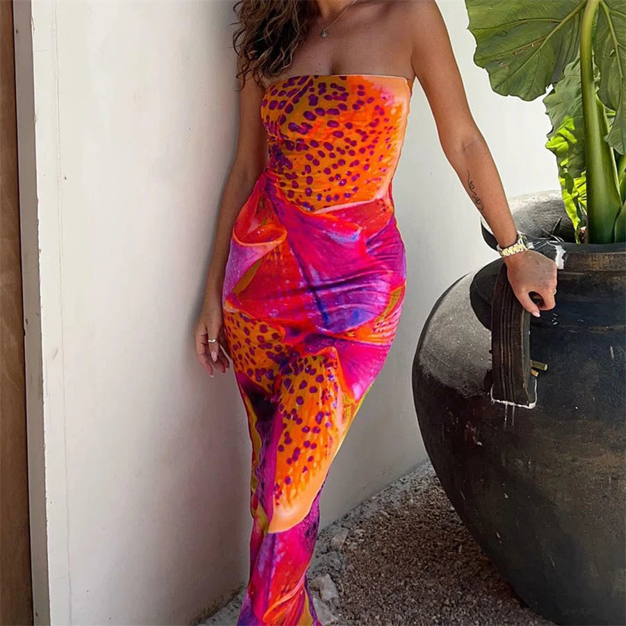 Leopard Print Strapless Maxi Dress – Multicolour