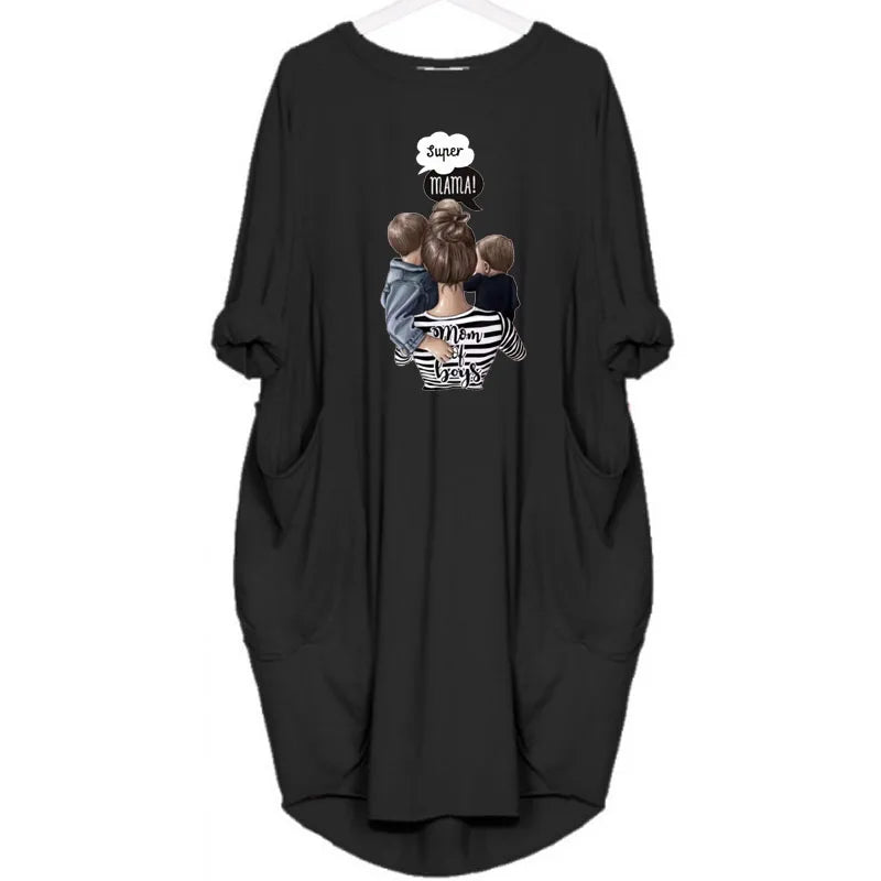 Loose Long-Sleeve Pocket Dress with Cat Print