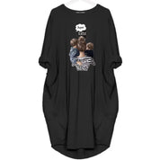 Loose Long-Sleeve Pocket Dress with Cat Print