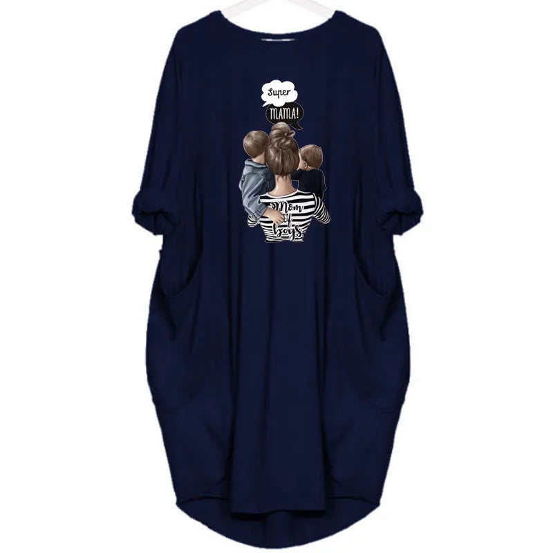 Loose Long-Sleeve Pocket Dress with Cat Print