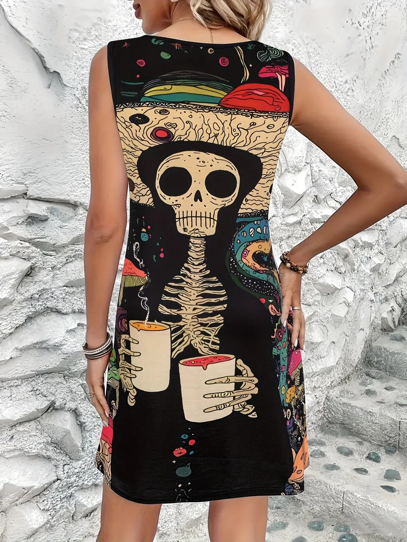 Sleeveless A-Line Midi Dress with Skeleton Print