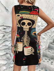 Sleeveless A-Line Midi Dress with Skeleton Print