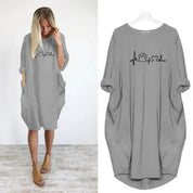 Loose Long-Sleeve Pocket Dress with Cat Print