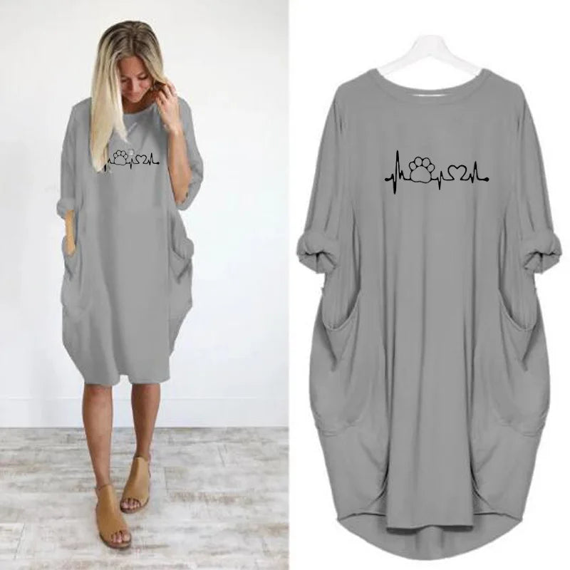 Loose Long-Sleeve Pocket Dress with Cat Print