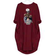 Loose Long-Sleeve Pocket Dress with Cat Print