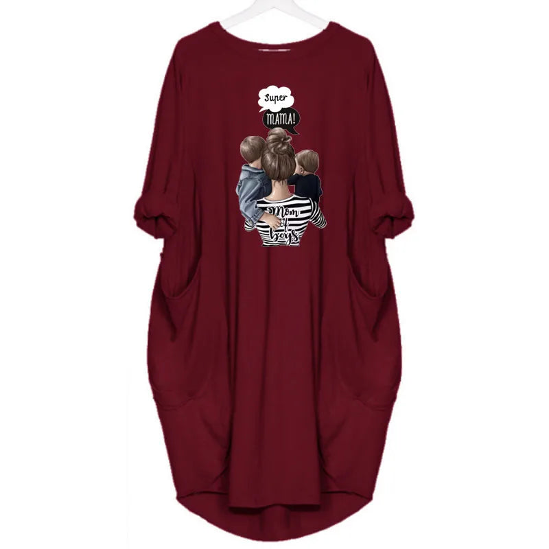 Loose Long-Sleeve Pocket Dress with Cat Print