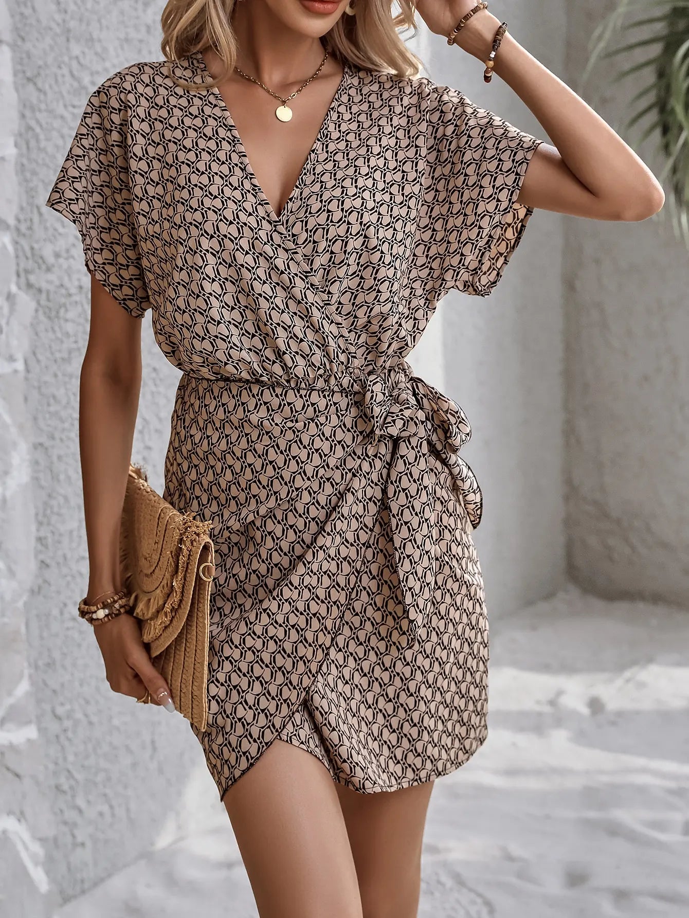 V-Neck Wrap Waist Dress – Patterned