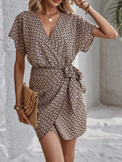 V-Neck Wrap Waist Dress – Patterned