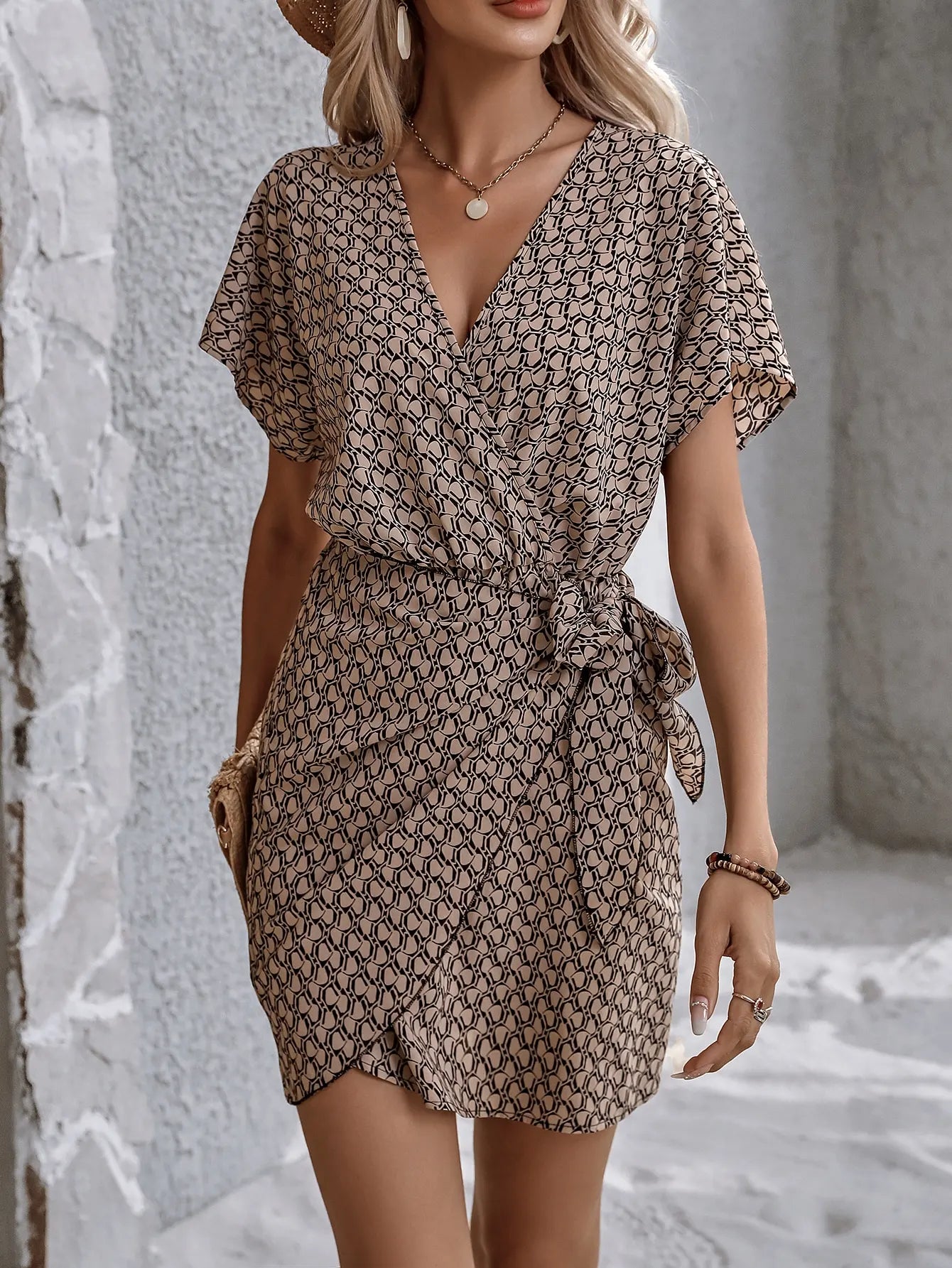 V-Neck Wrap Waist Dress – Patterned