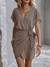 V-Neck Wrap Waist Dress – Patterned