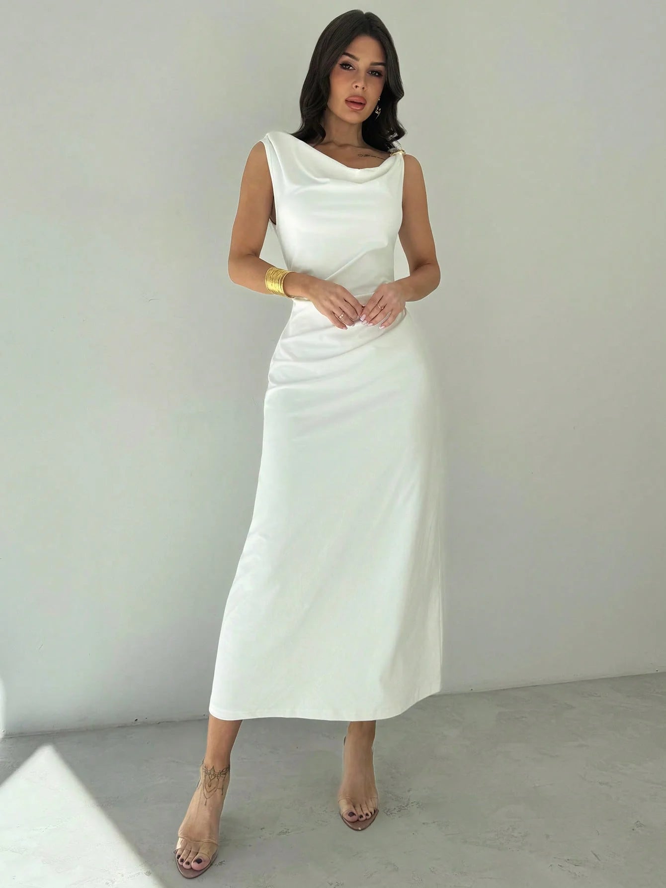 Sleeveless Cowl Neck Maxi Dress – White
