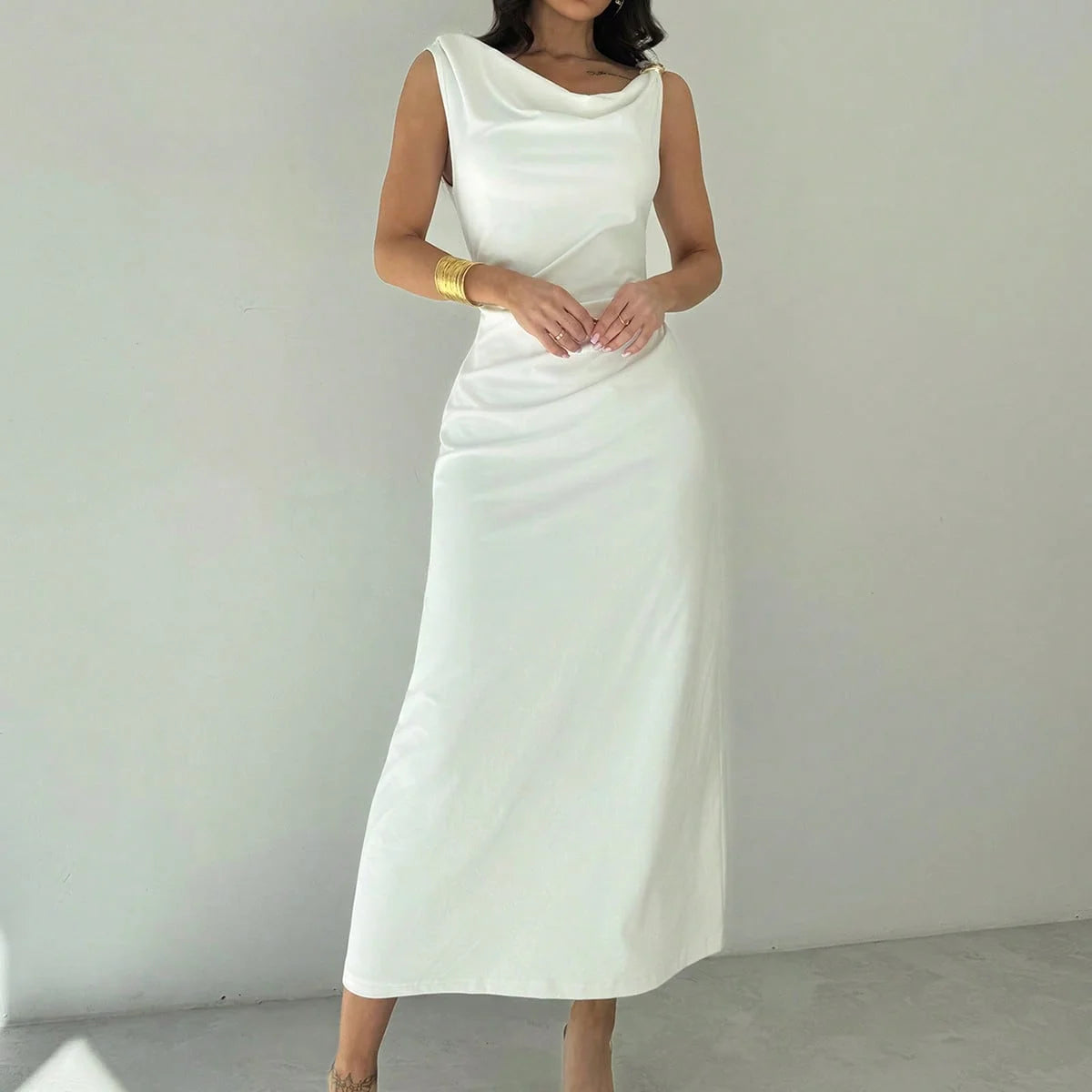 Sleeveless Cowl Neck Maxi Dress – White