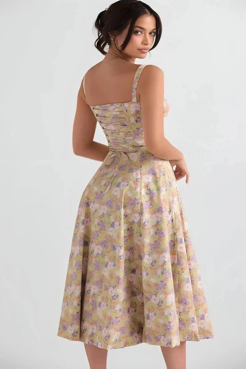 Maya Floral Bustier Midi Dress with Side Slit