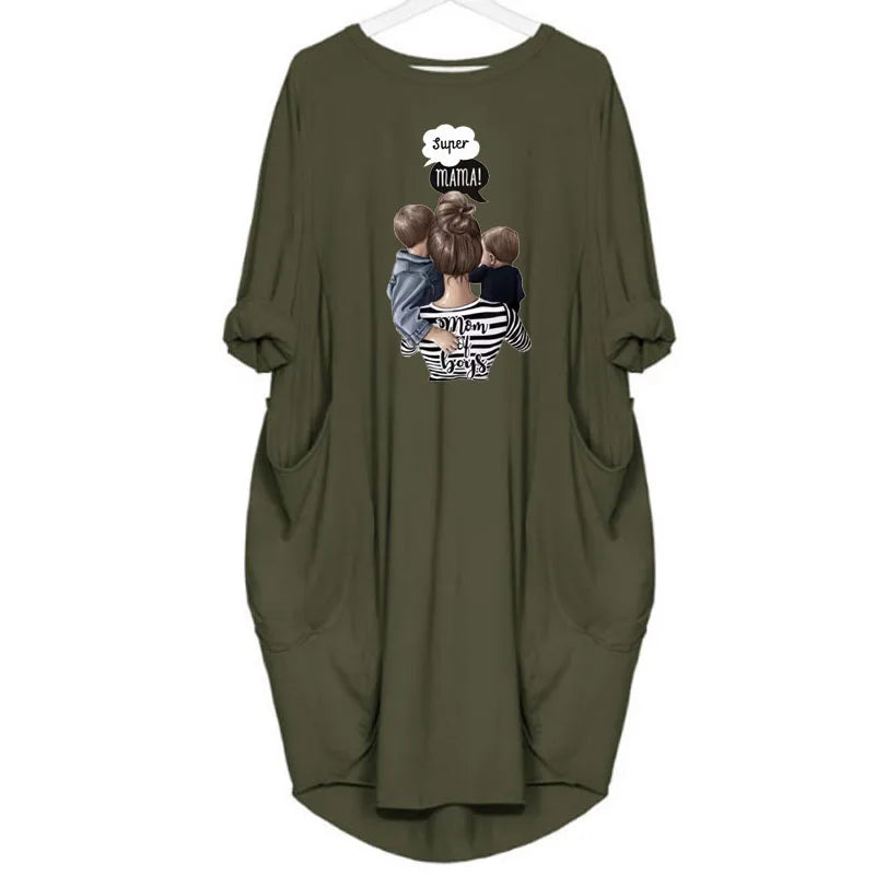 Loose Long-Sleeve Pocket Dress with Cat Print