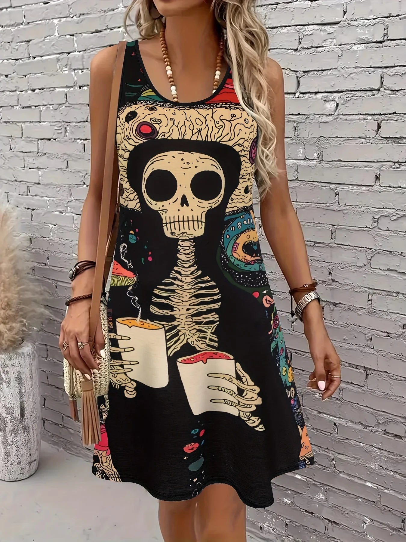 Sleeveless A-Line Midi Dress with Skeleton Print