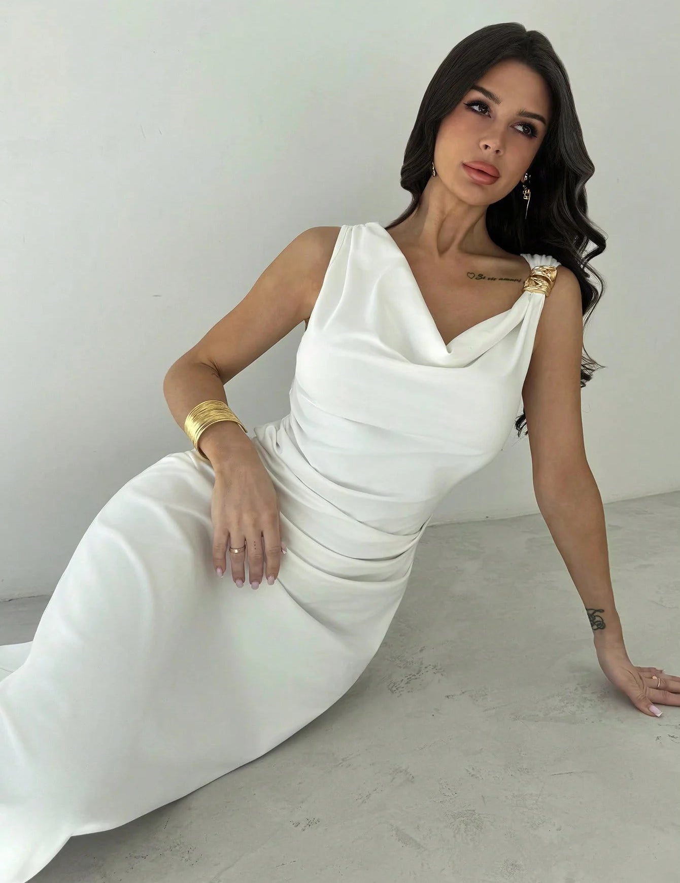 Sleeveless Cowl Neck Maxi Dress – White