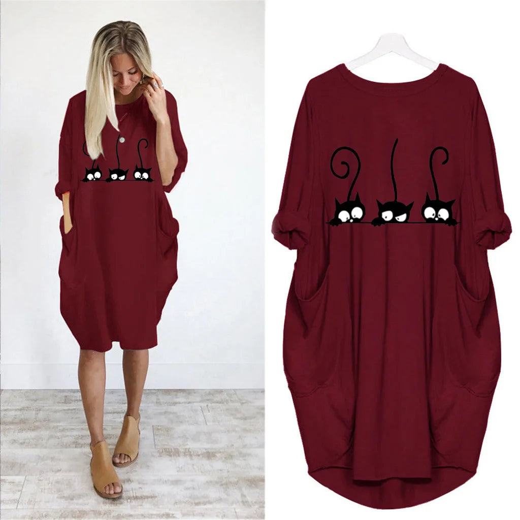 Loose Long-Sleeve Pocket Dress with Cat Print