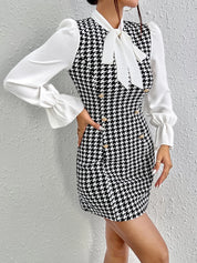 Houndstooth Contrast Dress with Long Sleeves and Bow Tie