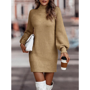 High Collar Ribbed Knitted Sweater Dress