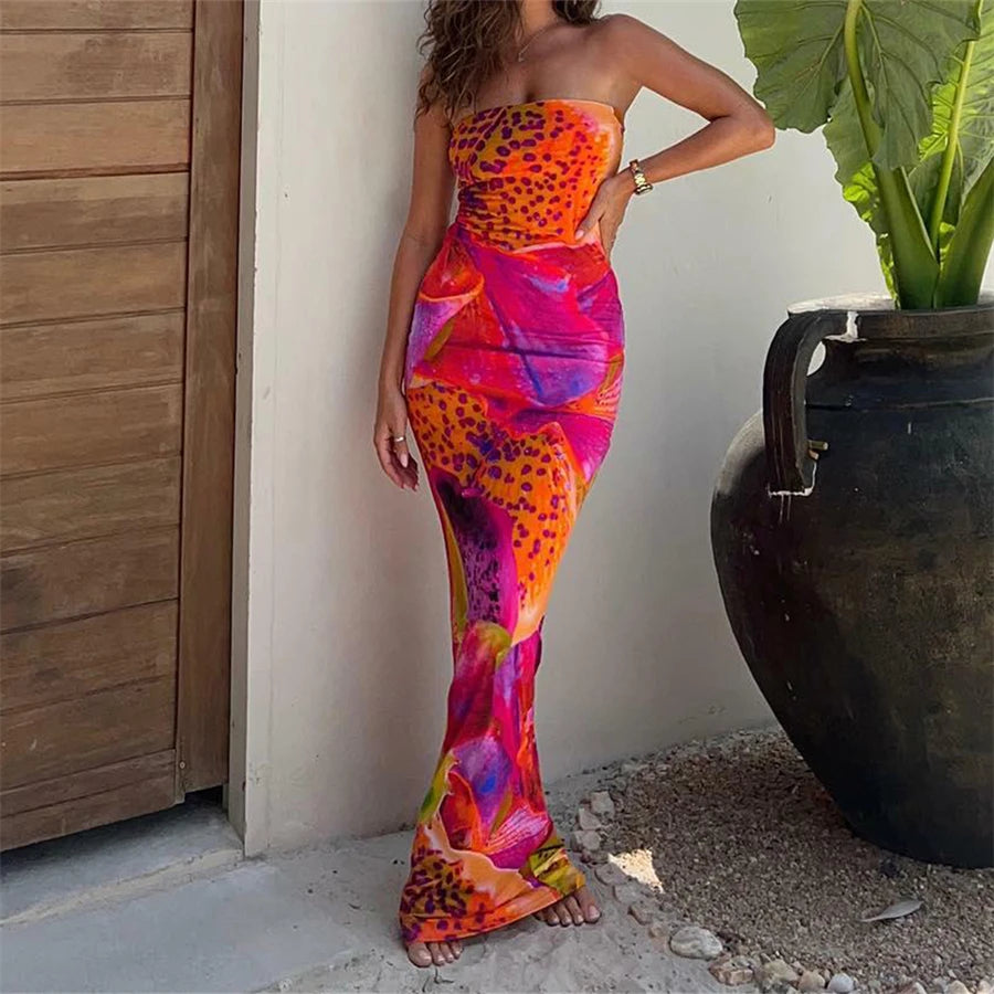 Leopard Print Strapless Maxi Dress – Multicolour