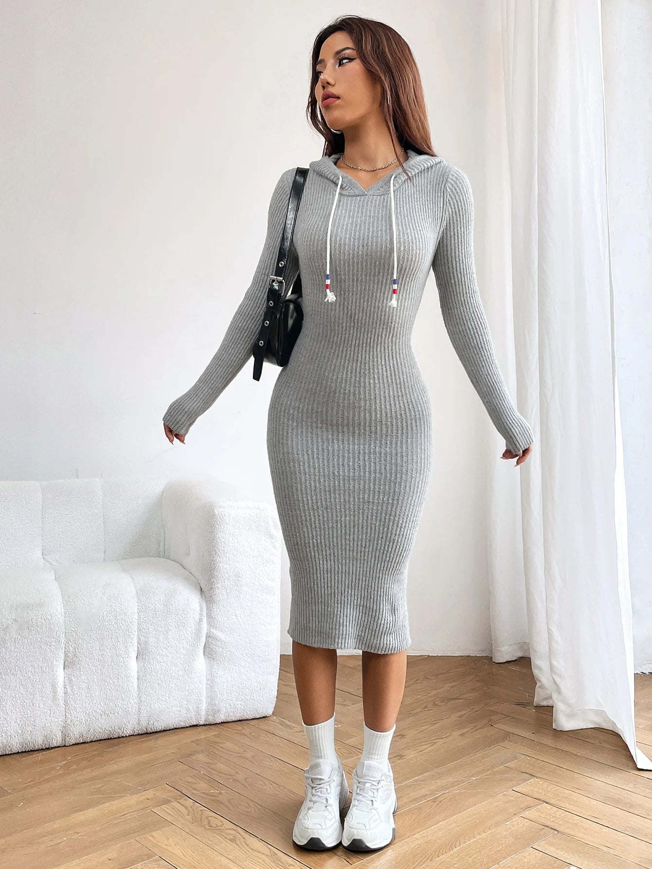 Ribbed Knitted Hooded Dress
