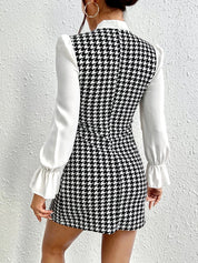 Houndstooth Contrast Dress with Long Sleeves and Bow Tie