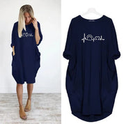Loose Long-Sleeve Pocket Dress with Cat Print