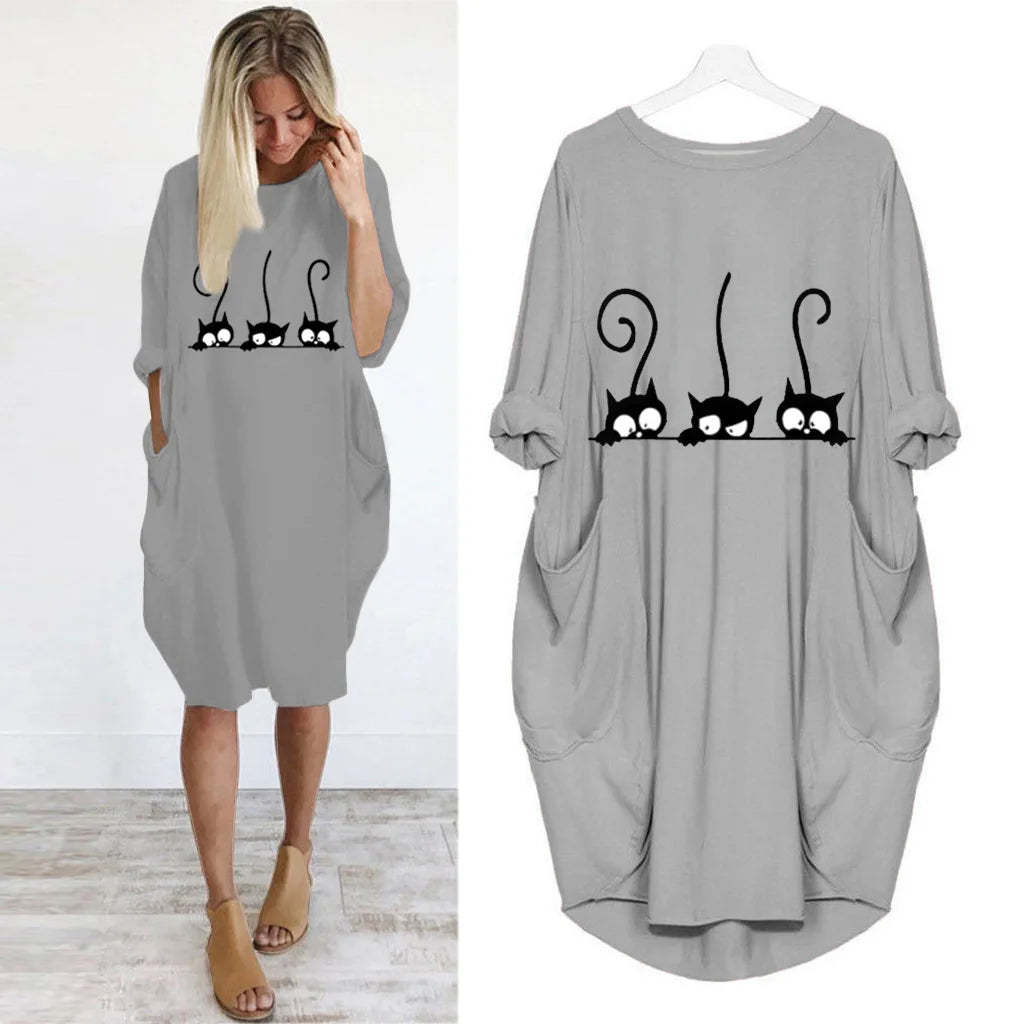 Loose Long-Sleeve Pocket Dress with Cat Print