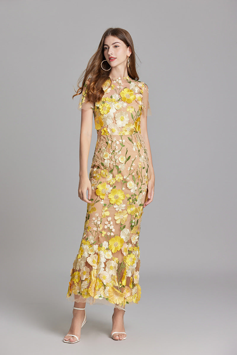 Stephanie Embroidered Maxi Dress with Sheer Overlay