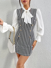 Houndstooth Contrast Dress with Long Sleeves and Bow Tie