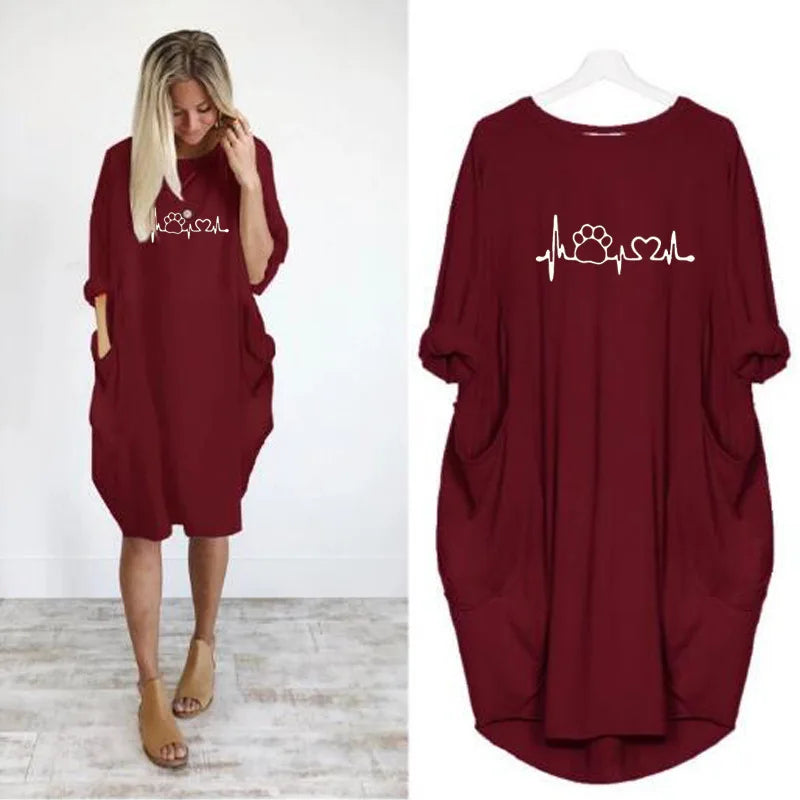 Loose Long-Sleeve Pocket Dress with Cat Print