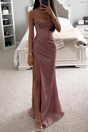 Stella Summer Corset Maxi Dress with Slit and Spaghetti Straps