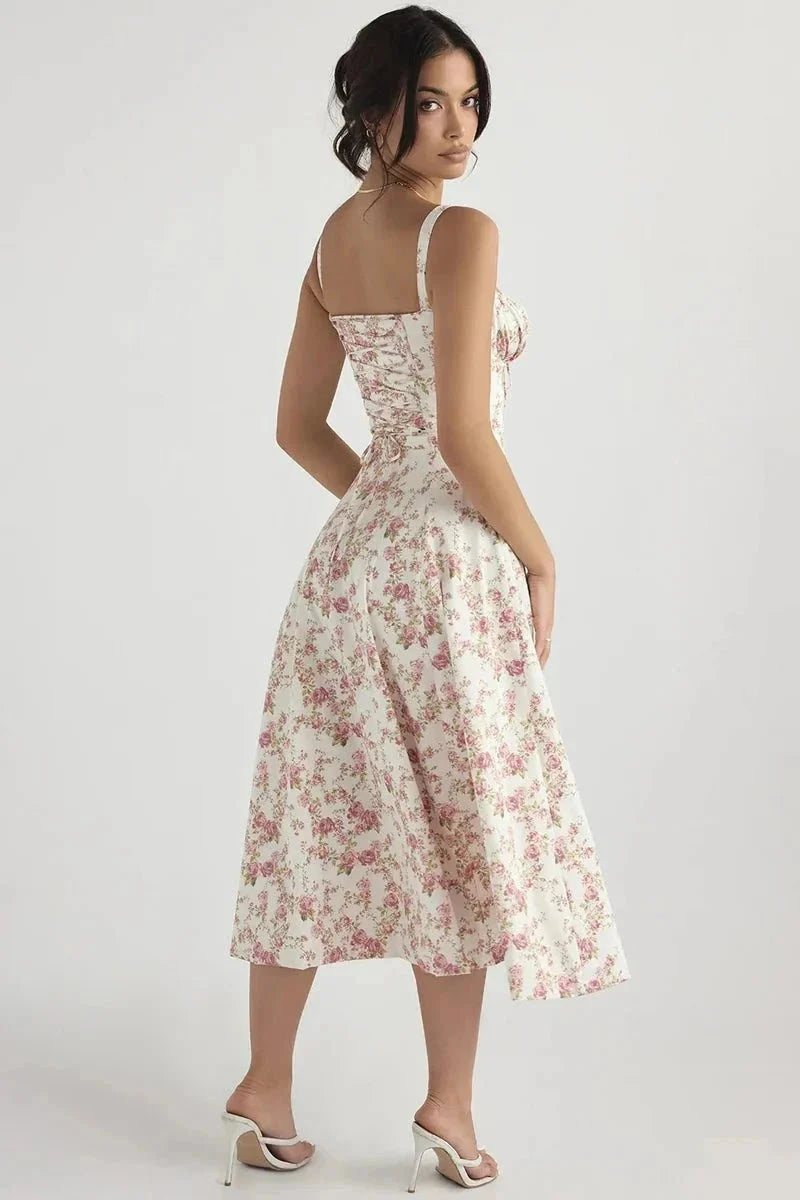 Maya Floral Bustier Midi Dress with Side Slit