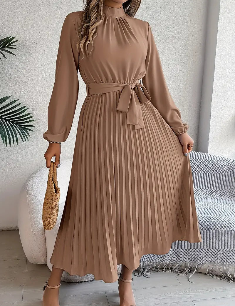 Women’s Long-Sleeve Pleated Midi Dress with High Neck and Tie Belt