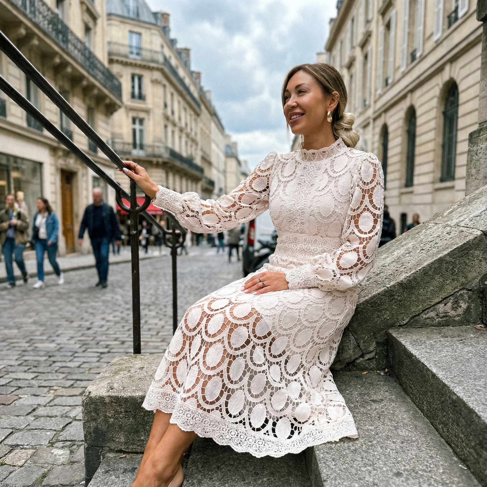Olivia Lace Midi Dress with High Neckline